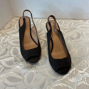 Call It Spring Wedge Sandals Women 7.5 Black Excellent Vegan Cork Peep Toe Shoes